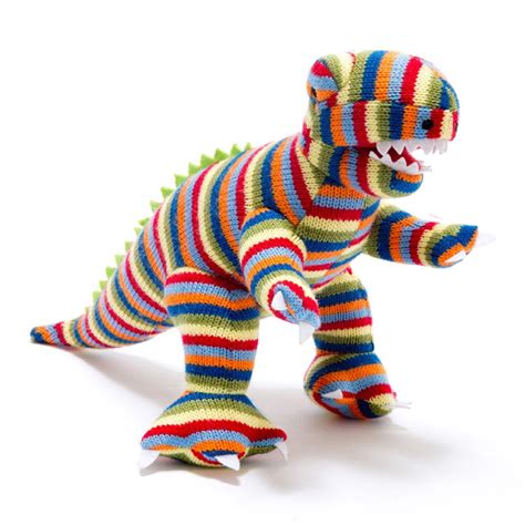 Rainbow Rex Dinosaur Knitted Toy Baby Rattle Artisan Teething