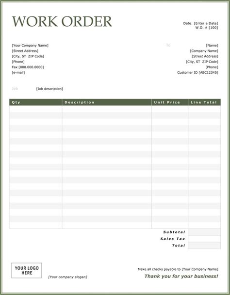 Free Printable Work Order Invoice Download Customize And Print For Open