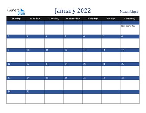 Mozambique January 2022 Calendar With Holidays