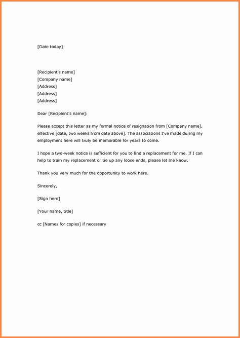 Two Week Resignation Letter New Basic Two Weeks Notice Letter