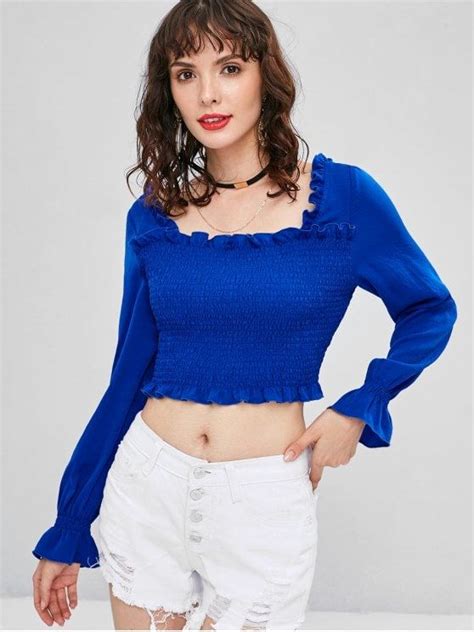 Frilled Trims Smocked Crop Blouse Blue Xl Blouses For Women Crop