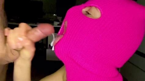 Im Like A Bitch In A Pink Balaclava Mask Sucking A Dick And Licking Balls Gets Cum In Mouth