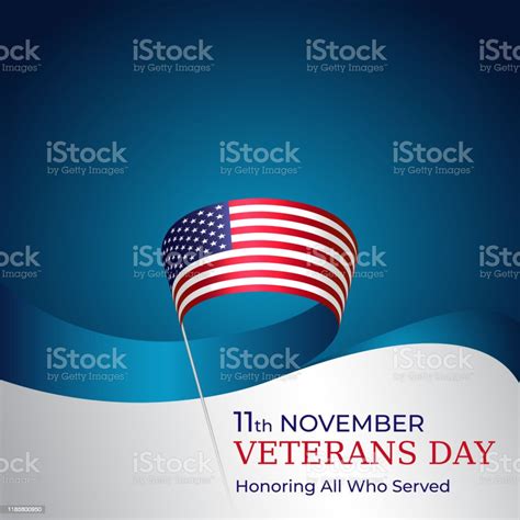 Happy Veterans Day Banner Waving American Flag On Blue Sky Background