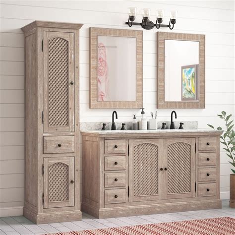 When buying a vanity with a vessel sink, make sure to obtain a faucet that is tall enough for the water to stream into the sink. Laurel Foundry Modern Farmhouse Clemmie 61" Double Bathroom Vanity Set with Linen Tower | Wayfair