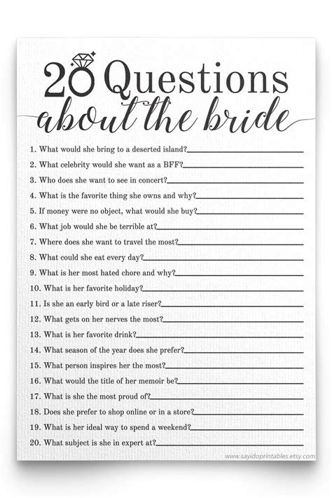 20 Questions About The Bride Bridal Shower Game Bridal Shower Games