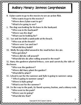 · free speech therapy tools: Auditory Memory: Sentence Comprehension by Speech Cabinet ...