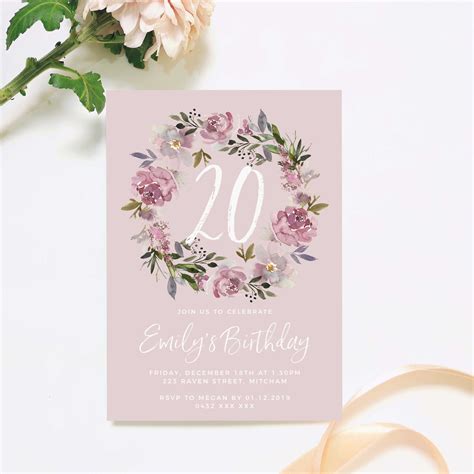 Blush Pink Floral 20th Birthday Invitation Instant Download Etsy