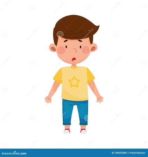 Dark Haired Boy Standing With Astonished Face Feeling Confusion Vector