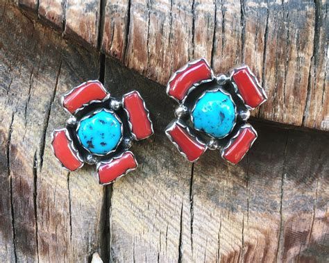 Simple Coral Turquoise Earrings For Women Navajo Native American