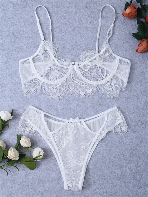 White M Balconet Push Up Sheer Transparent Lace Demi Bra Milf And Panty