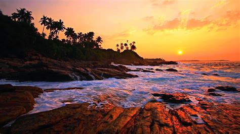 Relaxing Ocean Waves Crashing On Rocky Shore Hours Breathtaking Sunset For Peace