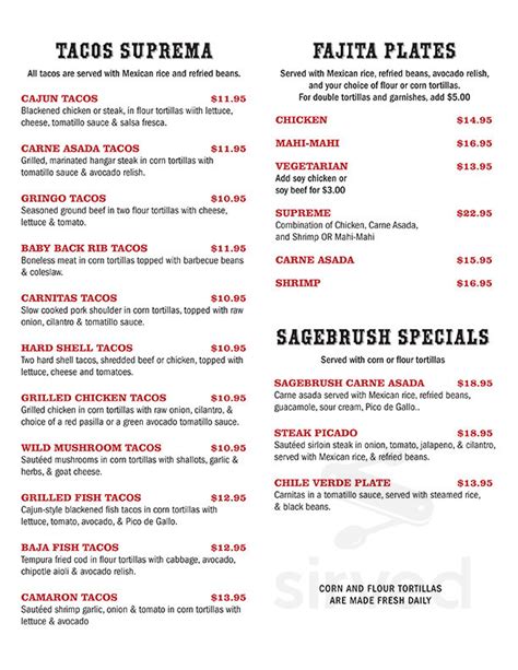 Sagebrush Cantina Menu In Calabasas California Usa