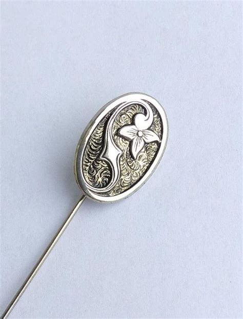 Antique Sterling Stick Pin Oval Floral Coat Pin Silver Hat Pin Art
