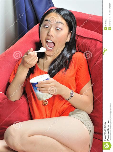 Beautiful Young Asian Woman Eating Ice Cream Stock Image Image Of Resting Stunning 25163009