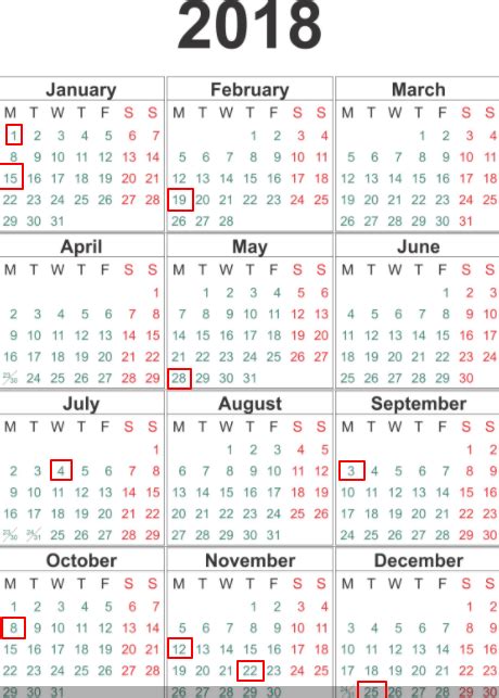 2018 Federal Holidays Calendar Us Federal Government Holidays