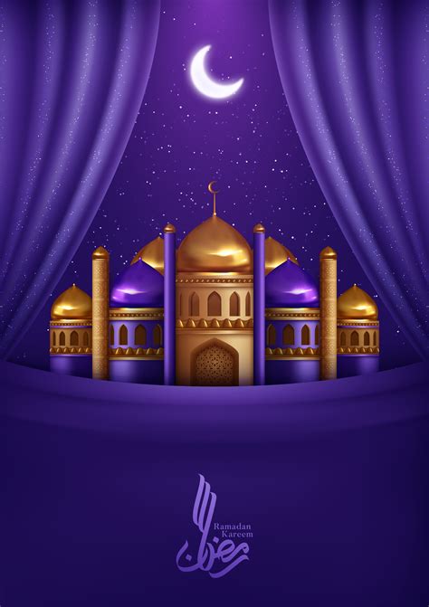 Ramadan Kareem Greeting With Purple Curtains And Mosque 999429 Vector