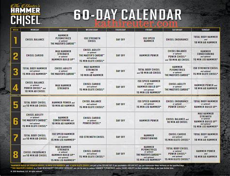 I've been doing these for about a year and still find them powerful assists to a healthy life. Master's Hammer & Chisel Workout Calendar (60 Day) - Kathi ...