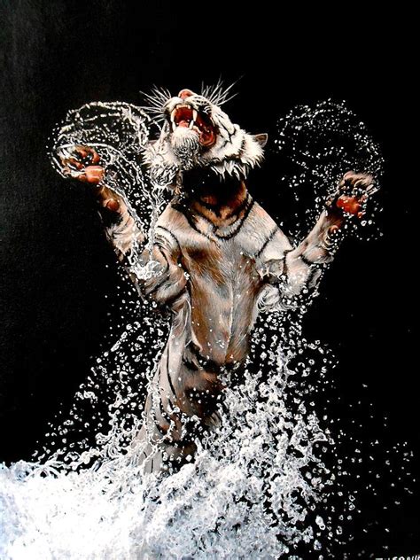 White Tiger Jumping In Water Painting By Susana Falconi