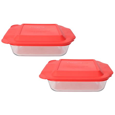 Pyrex 222 Square 2qt Glass Baking Dish With 222 Pc Red Plastic Lid Cover 2 Pack