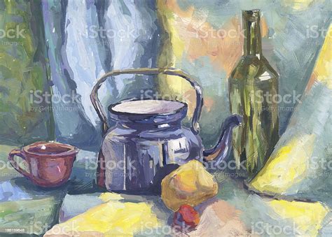 Still Life With Metal Teapot And Bottle Stock Illustration Download