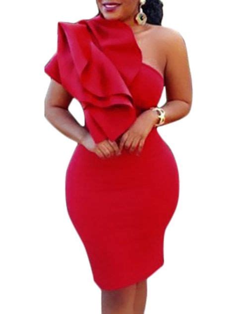 Elegant One Shoulder Ruffled Bodycon Midi Dress Red Strapless Dress