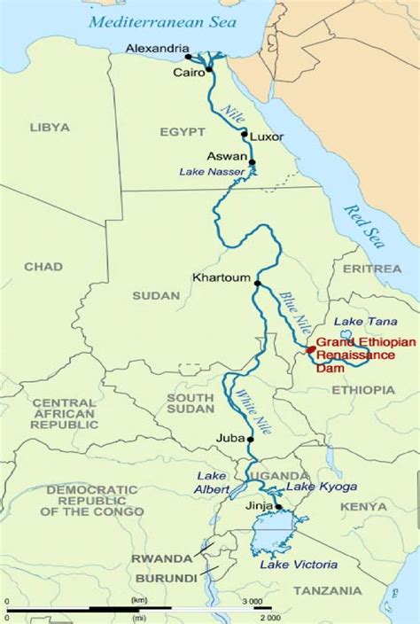 Map Showing The Nile River With Its Main Branches White And Blue