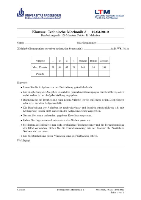 Klausur TM 3 WS1819 Lernen Klausur Technische Mechanik 3 12