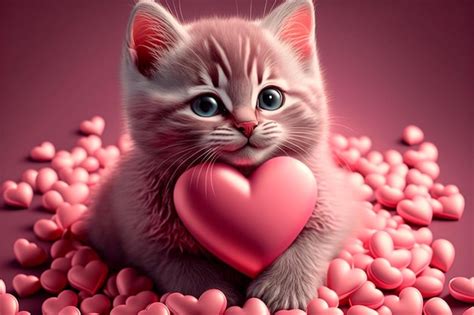 Premium Photo Cute Kitten In Pink Hearts Valentines Day Concept