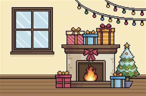Pixel Art Christmas Scene Room With Window Fireplace Christmas Tree