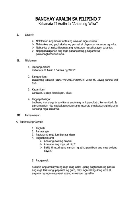 Banghay Aralin Sa Filipino Ang Sulating Ito At Tungkol Sa Lesson Plan