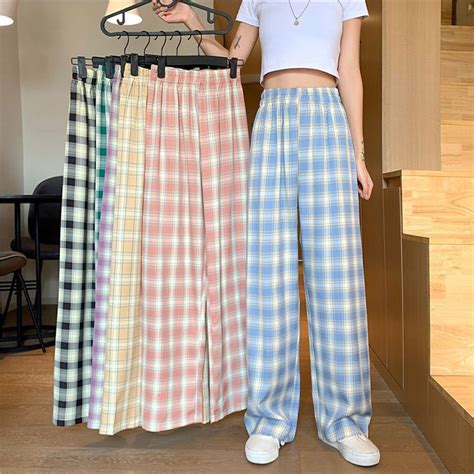 Seluar Kotak Seluar Slack Wanita Plaid Wide Leg Pants Women Long Pants Checkered Casual Pants