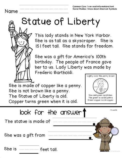 Statue Of Liberty Reading Comprehension - Reading comprehension sheet about the Statue of Liberty for primary