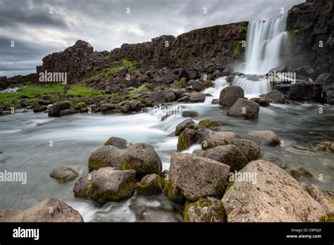 Beautiful And Dramatic Oxarafoss Waterfalls In Iceland Stock Photo Alamy