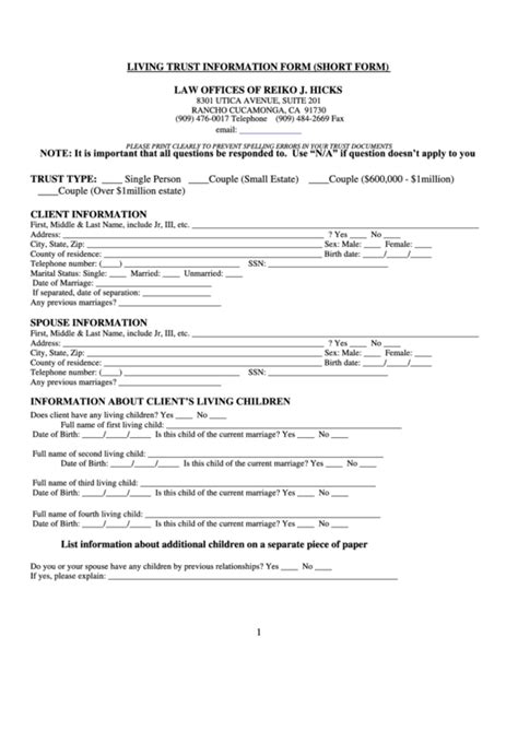 Living trust information form (short form) printable pdf download
