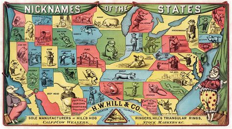 Map Of United States From 1884 Showing State Nicknames Represented By