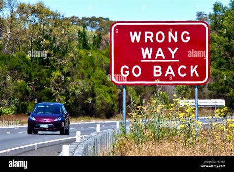 Road Sign Warning Wrong Way Go Back On Hume Highway Australia Stock