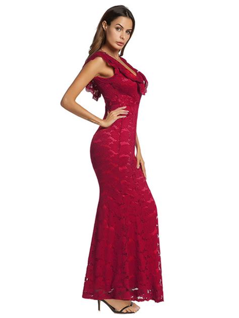 red lace dress v neck sleeveless ruffles shaping sexy maxi party dress power day sale
