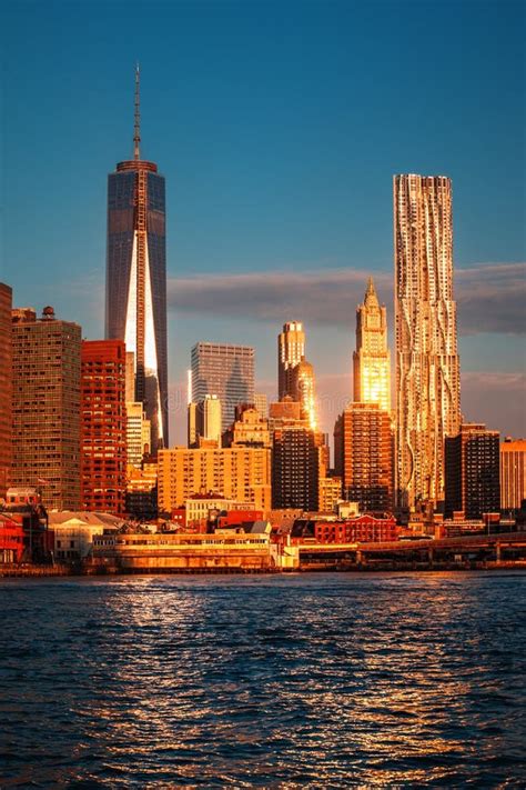 Lower Manhattan Skyline Along The East River Stock Image Image Of