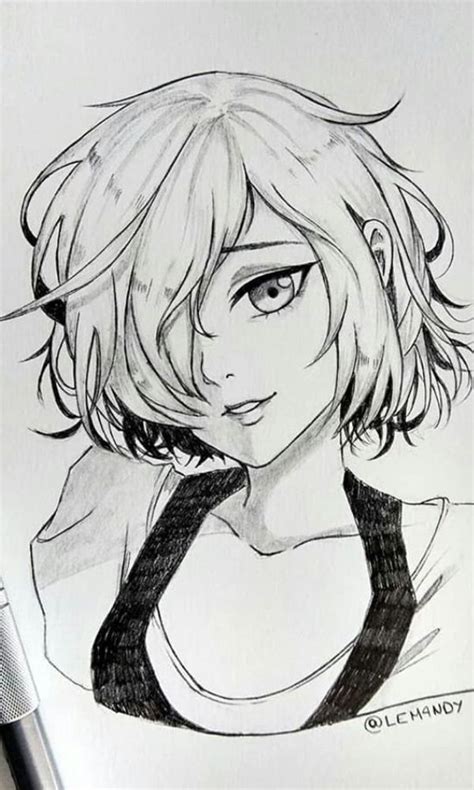 A Drawing Of An Anime Character With Long Hair And Black Shirt In Front Of A Pen