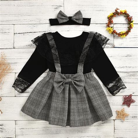 Buy Toddler Kids Baby Girls Lace Tops Plaid Bow Skirts Headband