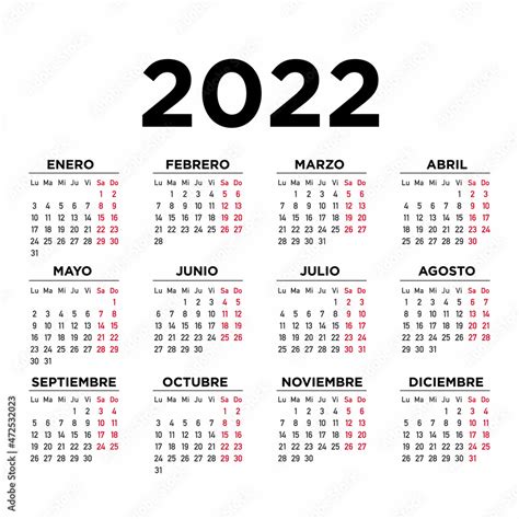 Calendario 2022 Español Semana Comienza El Lunes Vector De Stock