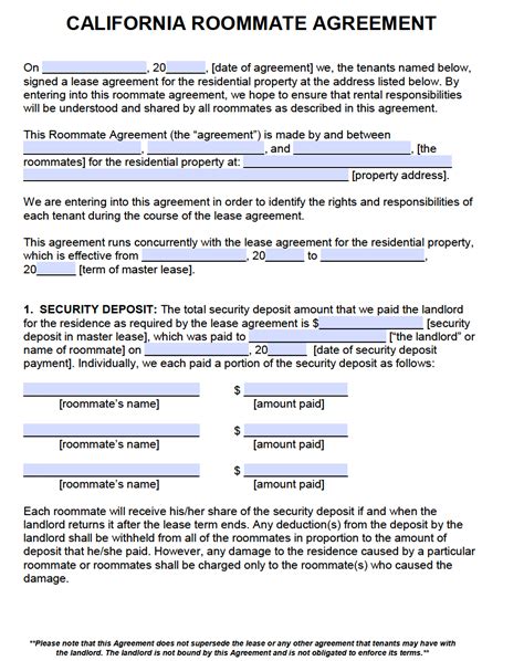 california roommate agreement template  word