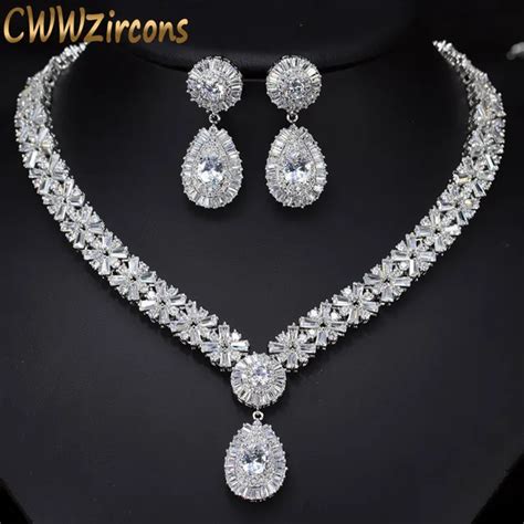 Cwwzircons White Gold Color Luxury Bridal Cz Crystal Necklace And