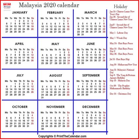 Malaysia Calendar 2020 With Malaysia Public Holidays