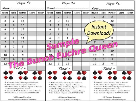 16 Person Euchre Rotation Score Sheet Score Card Euchre