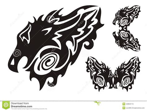 Tribal Dragon Head And Twirled Dragons Symbols Stock Vector