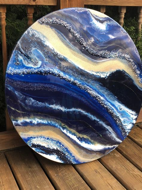 30 Round Artwork Navy Blue And Gold Wall Art Resin Art Resin Geode
