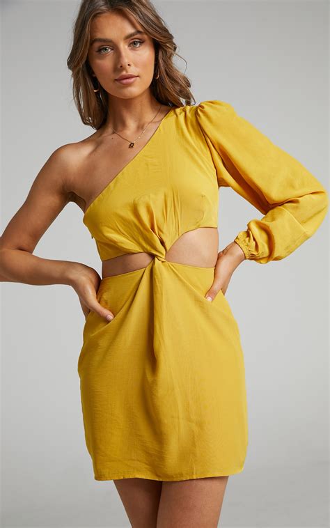 Glannica One Shoulder Mini Dress With Twist Front In Yellow Showpo Usa