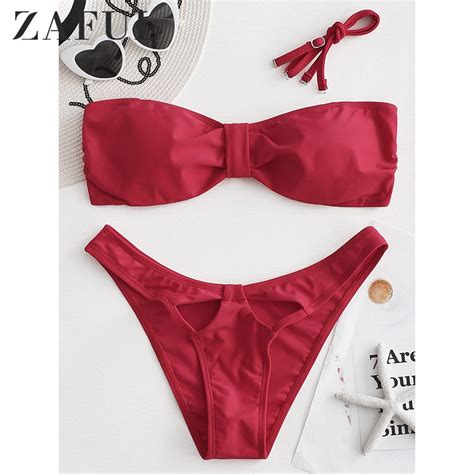 Zaful Bowknot Ribbed Bikinis Strapless Bandeau Bikini Set High Cut Thong Bikini Swimming Suit