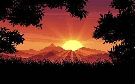 Beautiful Morning Sunrise Landscape With Mountains Silhouette Of Trees